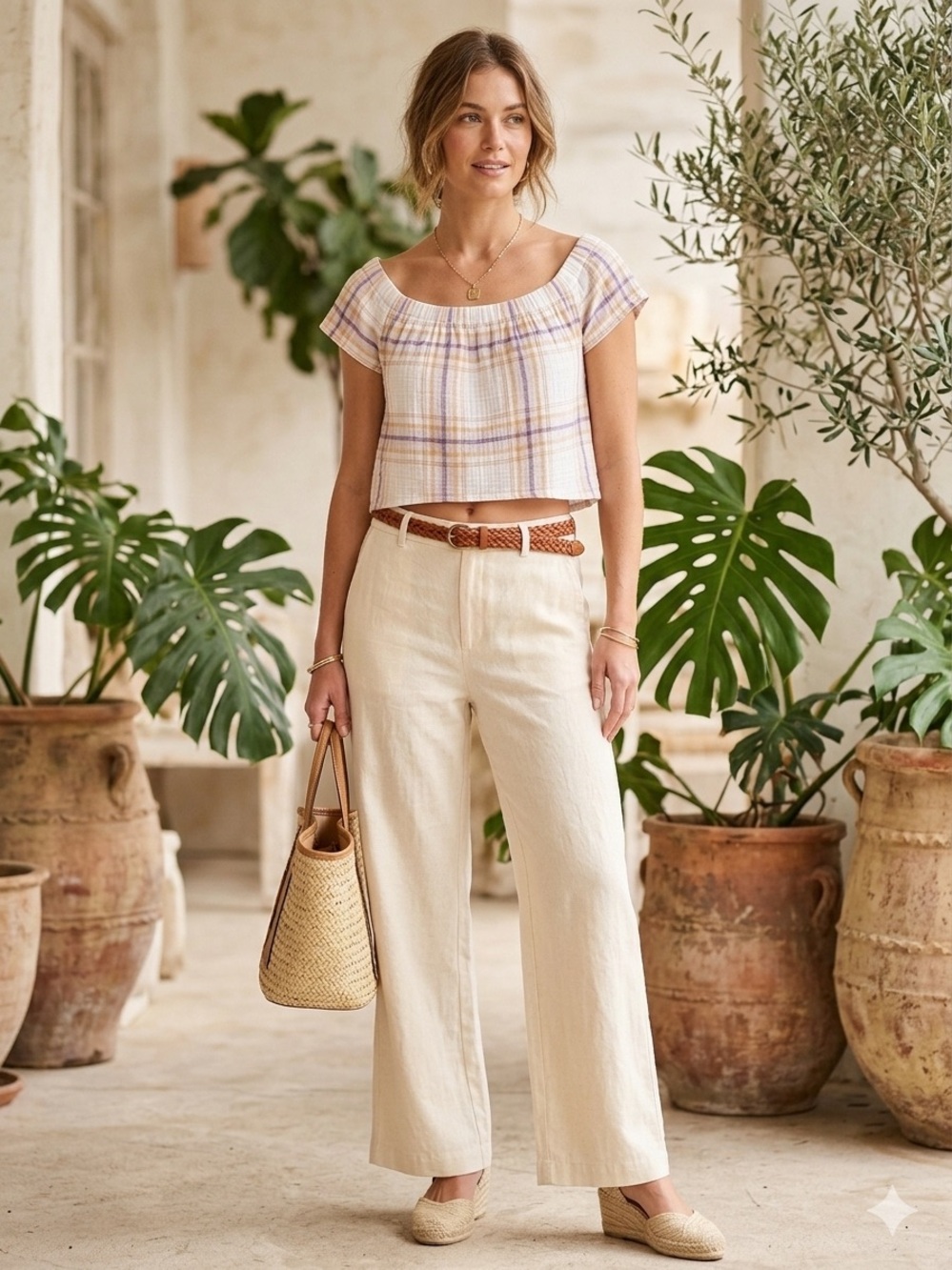 Cloth & Stone Plaid Off The Shoulder Crop Top XS Pastel Textured Gauze Blouse - Picture 8 of 8
